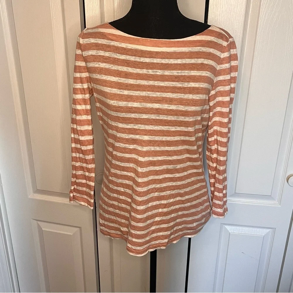 Tory Burch Striped Top Shirt Long Sleeve Sz Small 100% Linen Boat Neck Soft